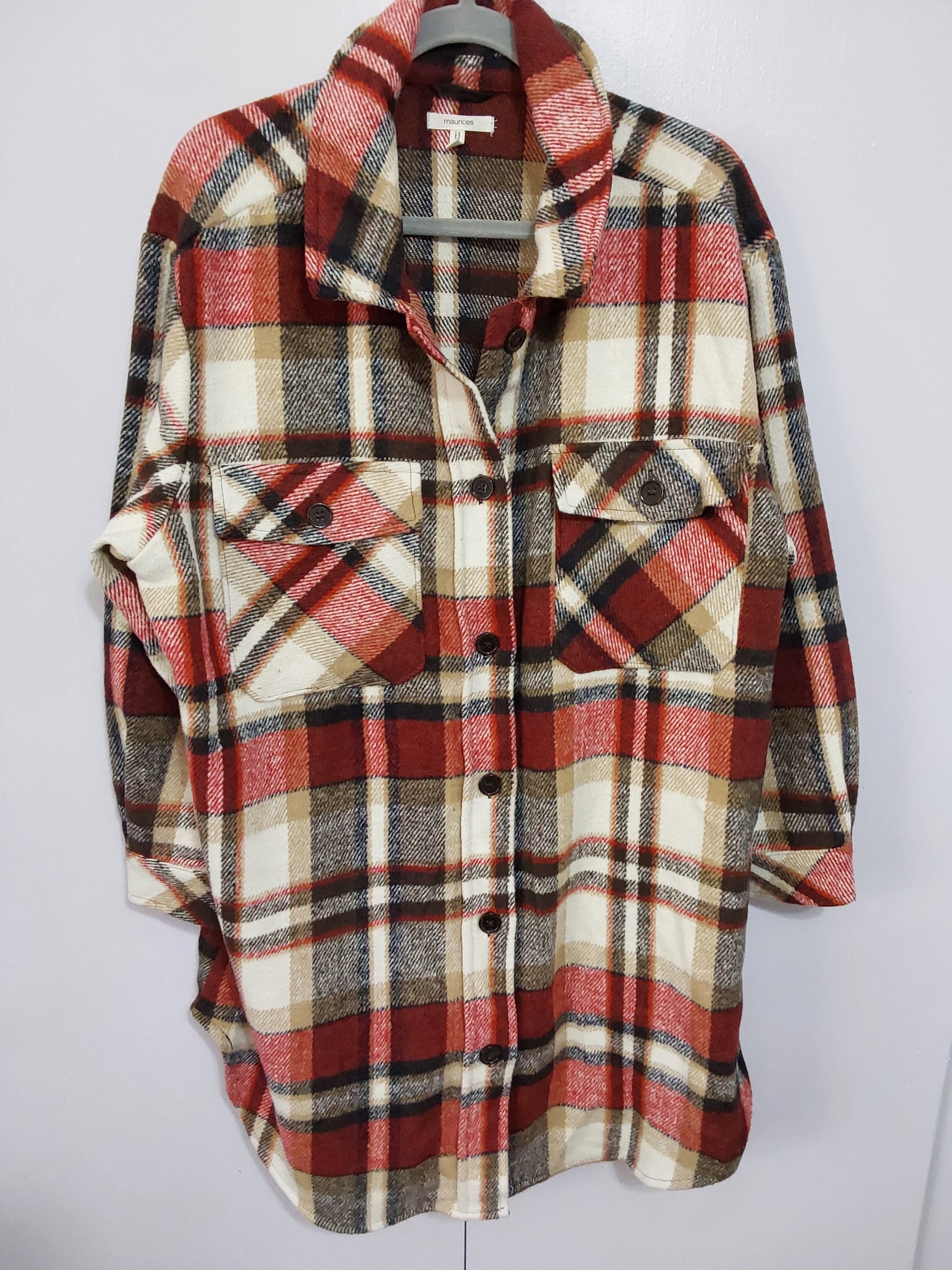 Maurices Red And Cream Plaid Button-Down Shirt Jacket